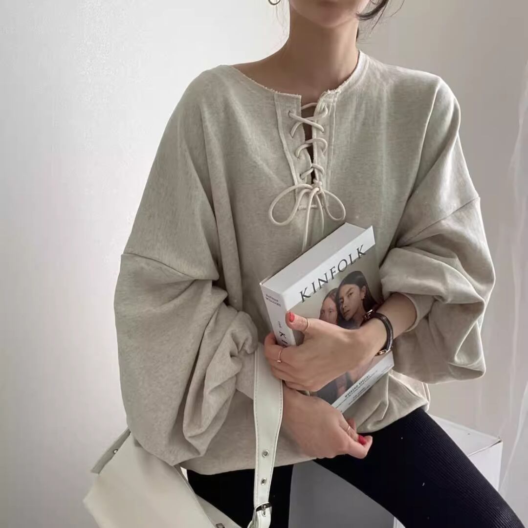 lazy round neck tie design loose plus size casual lantern long sleeve(SN031)