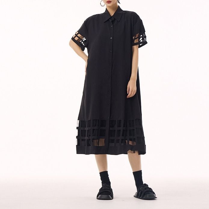 MESH PANEL POLO COLLAR MIDI SHIRT DRESS M-17181