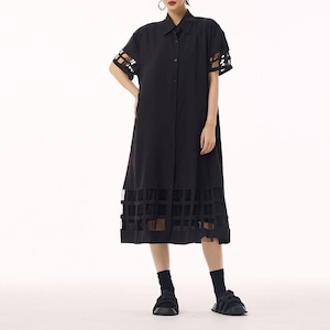 MESH PANEL POLO COLLAR MIDI SHIRT DRESS M-17181