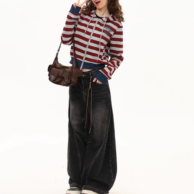 border hooded cropped zipper　ボーダーフード付きクロップドジッパー　J1508