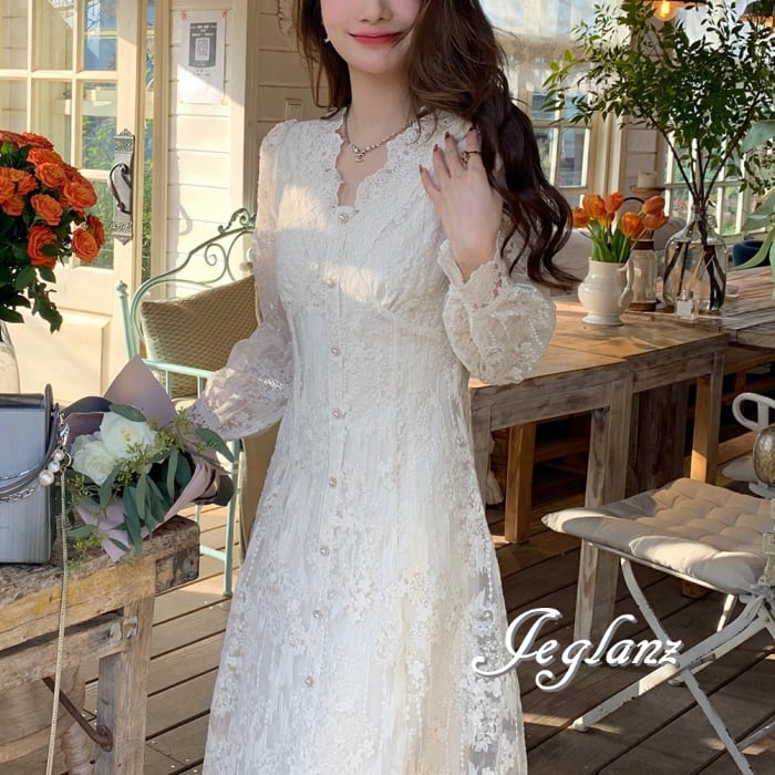 透かし彫り ワンピース ドレス スカラップ レース パール ボタン 高見え ♪(M5840)ζ