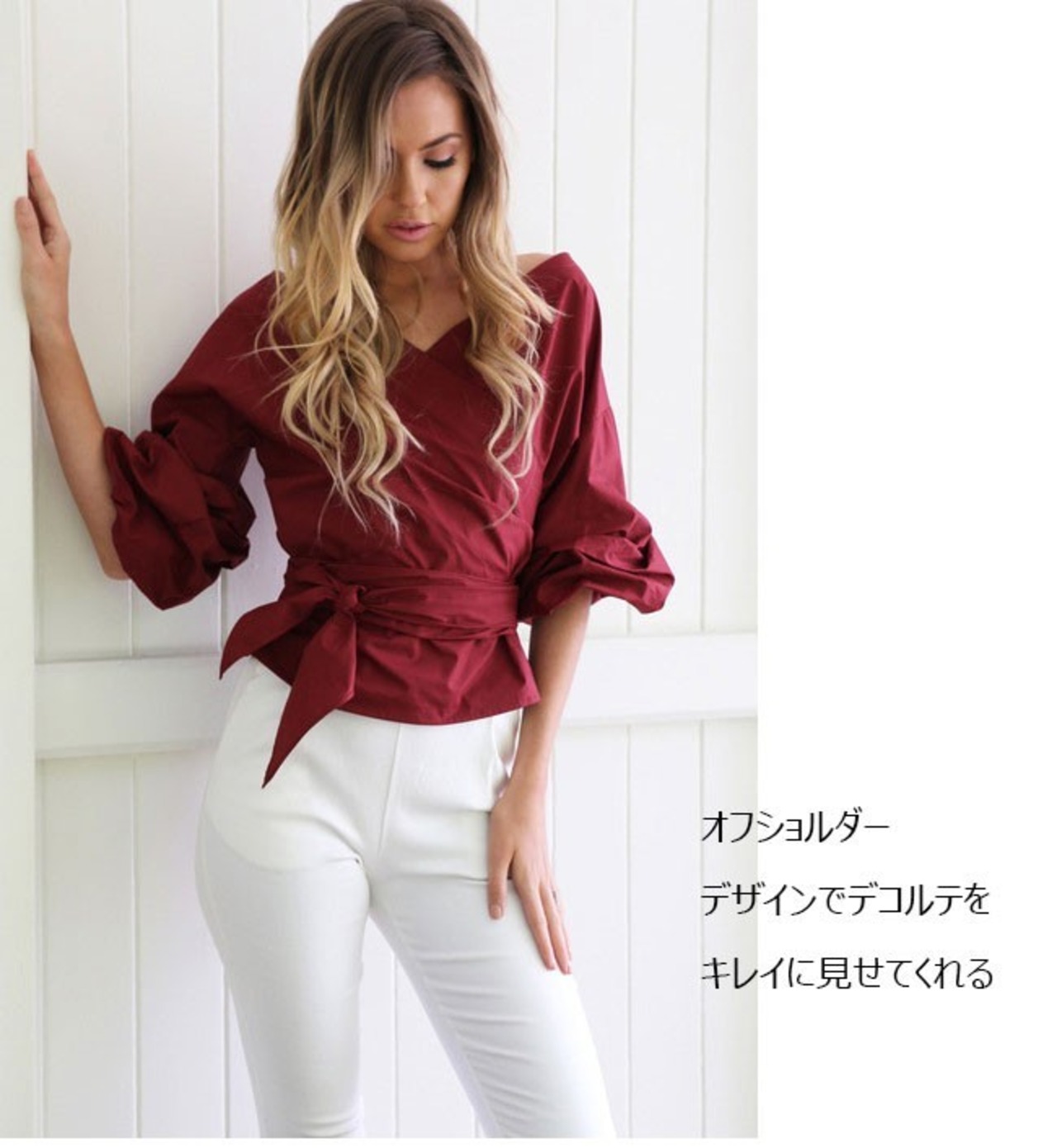 オフショルダー】シャツ ブラウス トップス バルーンスリーブ 七分袖 