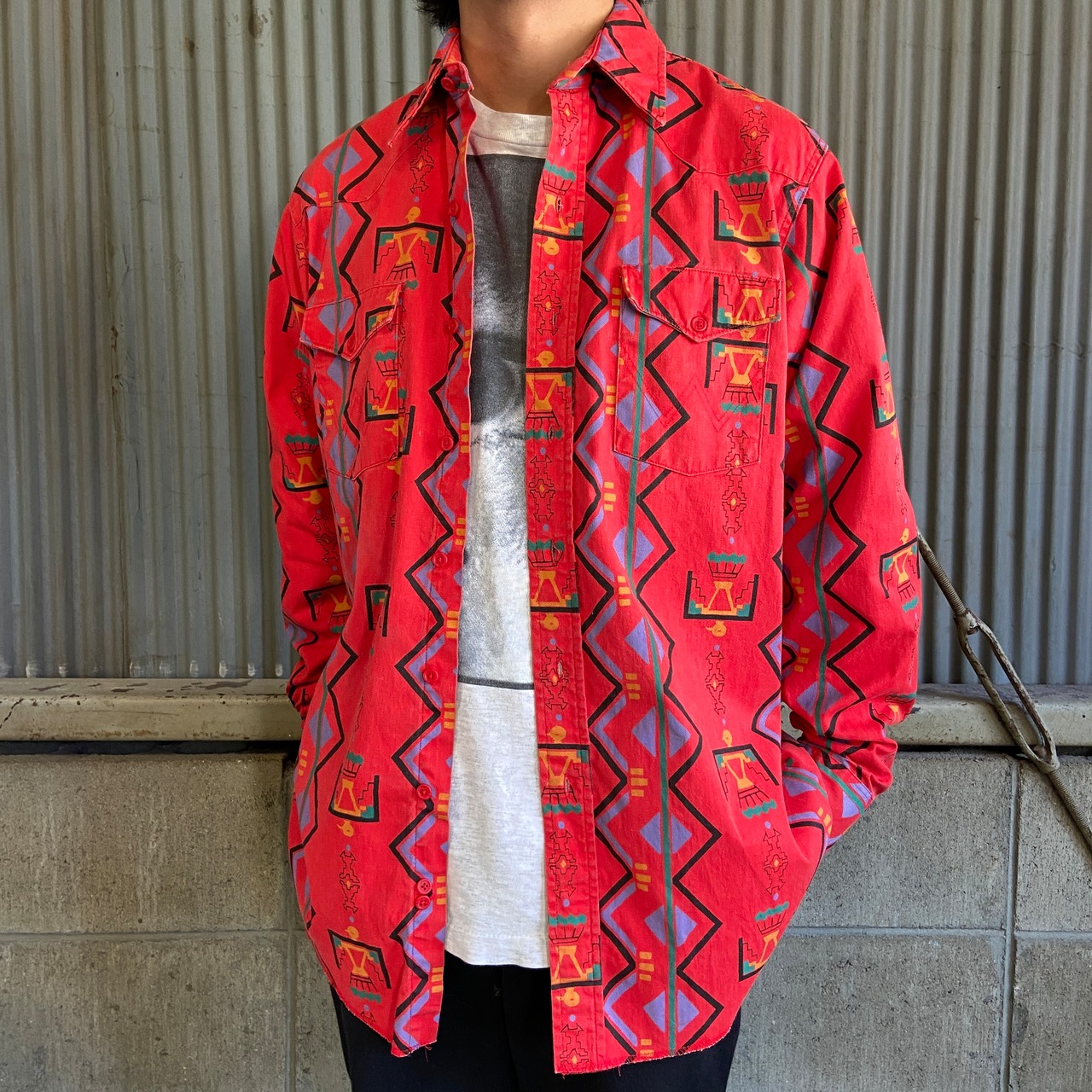 USA製 80年代 Wrangler ラングラー 総柄 長袖 ウエスタンシャツ メンズ 
