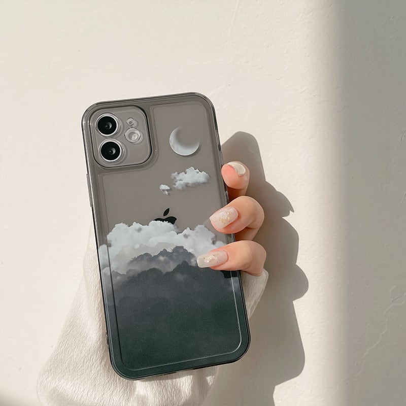 【iPhone15に対応】モノクロが美しい◎ナイトクラウド 新型 iphone14 対応 透明 グラデーション 雲と月 iphone スマホケース  ND-14411