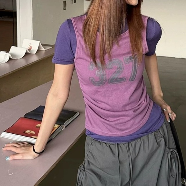ナンバリングプリントフェイクレイヤードTシャツ 2col R02467