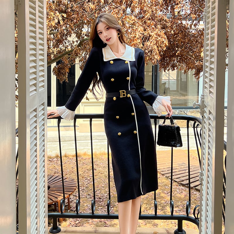 【dress】ダブルボタンドッキングニットワンピース M33361