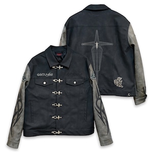 T.C.R WASHED FAUX LEATHER FLAME TRACKER JACKET - GRAY / BLACK