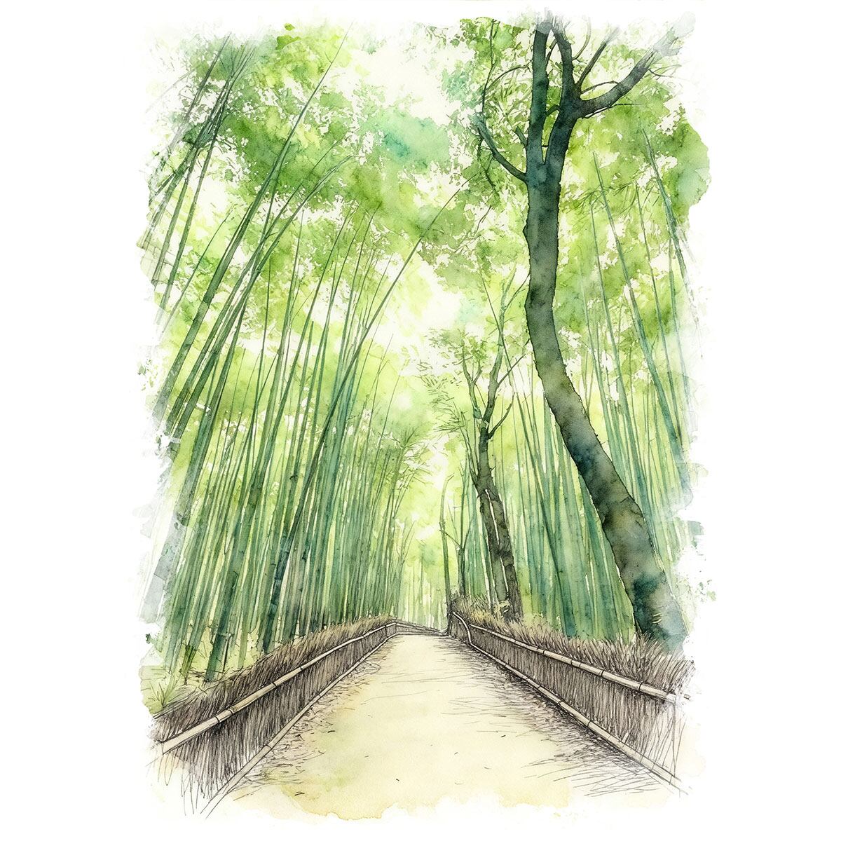 絵画 風景画 日本 京都府 嵯峨野 竹林の小径 インテリアアート額付き 水彩画風 WAT1690
