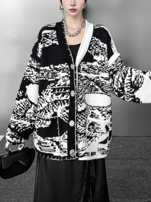 Asymmetrical loose V-neck knit cardigan [T2586]