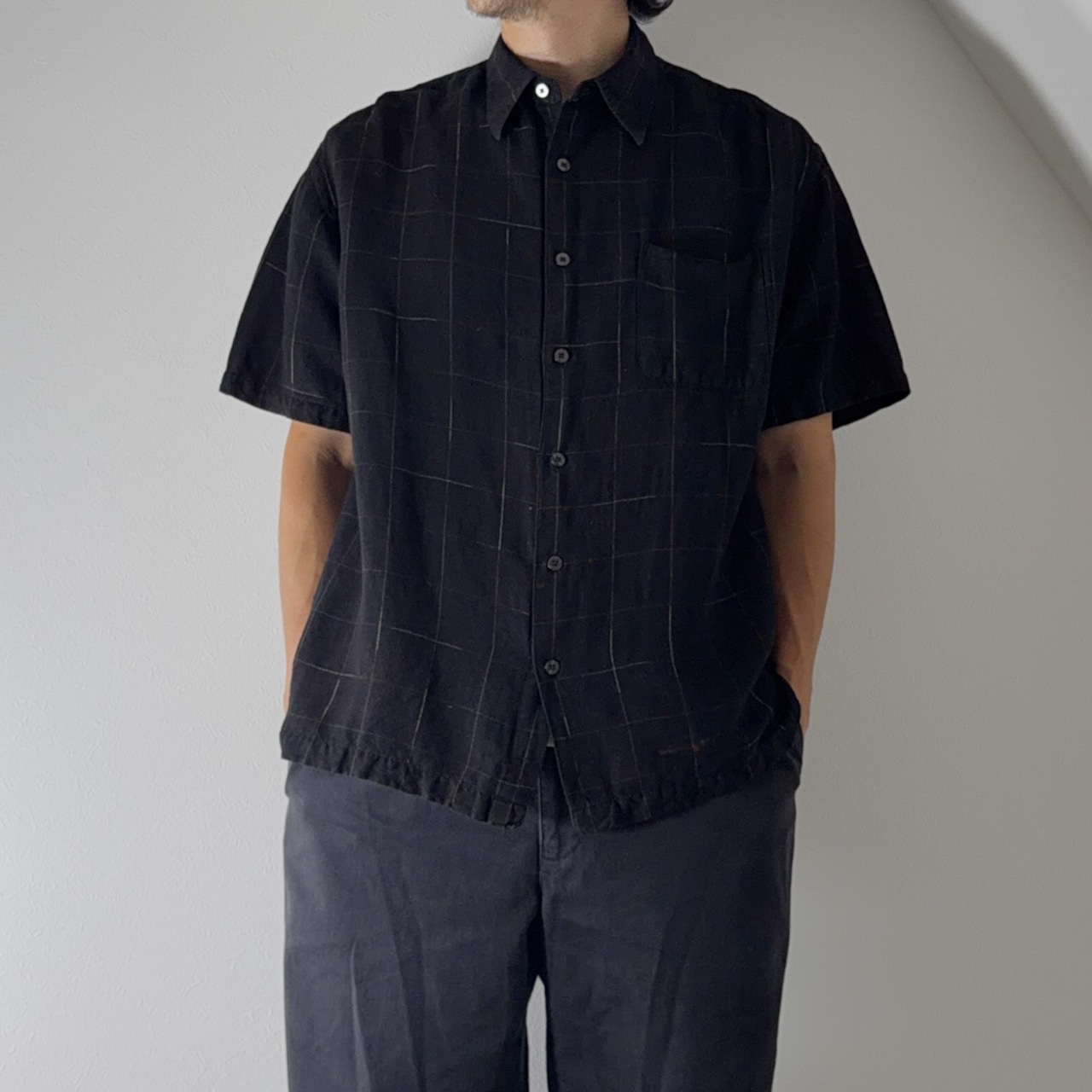 90s PERRY ELLIS Linen Rayon Windowpane Plaid Shirt black [L] 古着 - 16