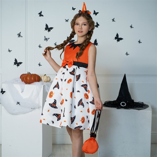 （2点）ハロウィン かぼちゃ ボウタイ キッズ 子供 プリント 切り替え 100cm-150cm ワンピース76904263