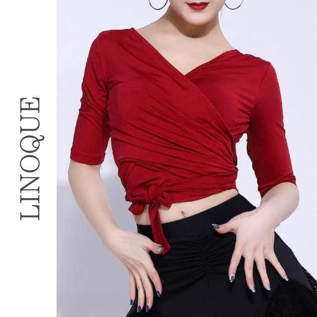 Vネッククロスショート丈五分袖トップス 3color 【L00182】