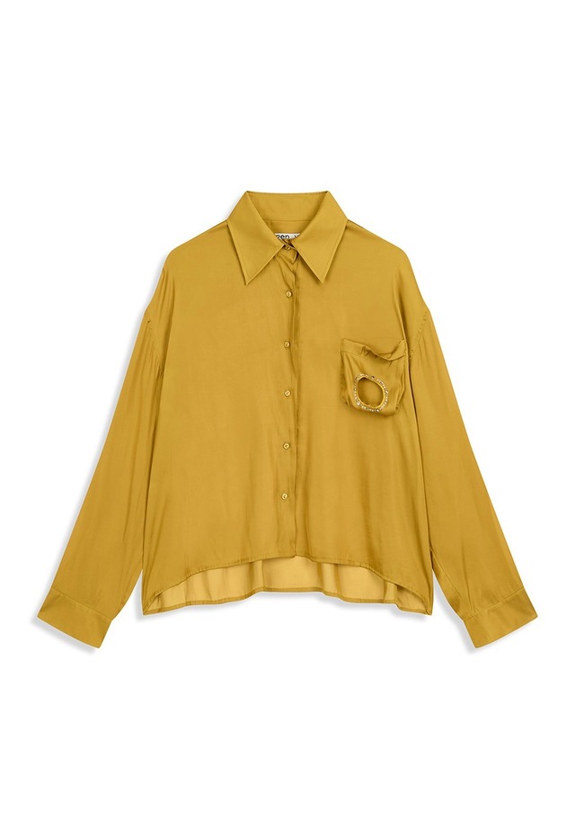 [OPEN YY] SILKY BEAD POCKET CROP SHIRT, MUSTARD 正規品 韓国ブランド 韓国通販 韓国代行 韓国ファッション オープン ワイワイ 日本 店舗