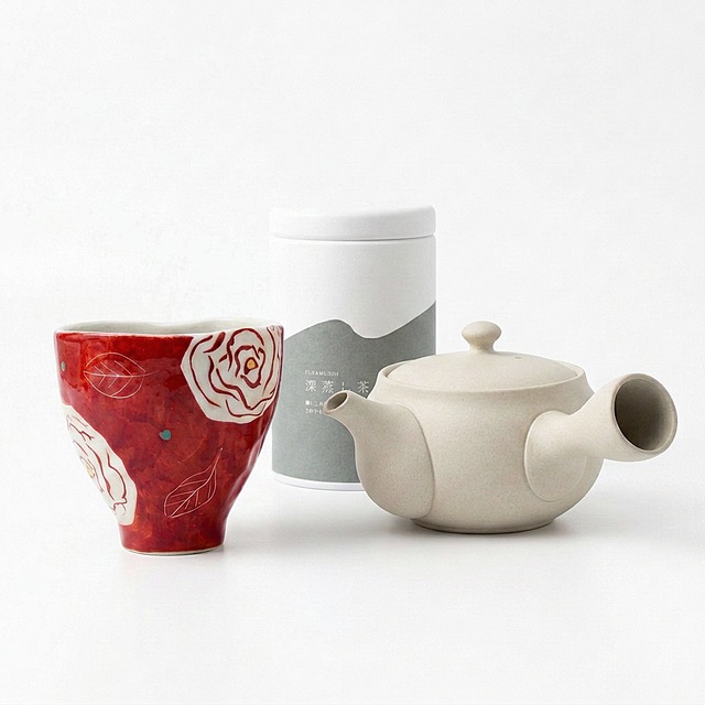 厳選【本格 日本茶セット】常滑急須 瀬戸焼赤絵湯呑み 静岡深蒸し茶 生成りマット