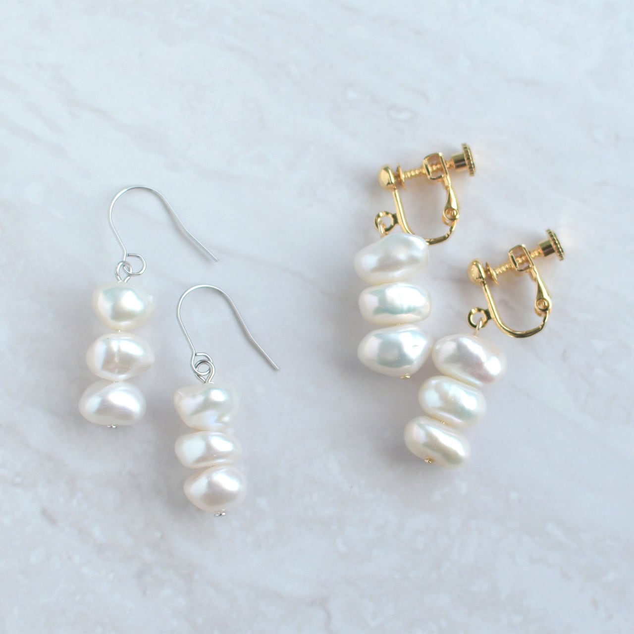 愛くるしいフォルム 3連 イヤーアクセサリー 淡水 バロックパール / ピアス イヤリング ps-148