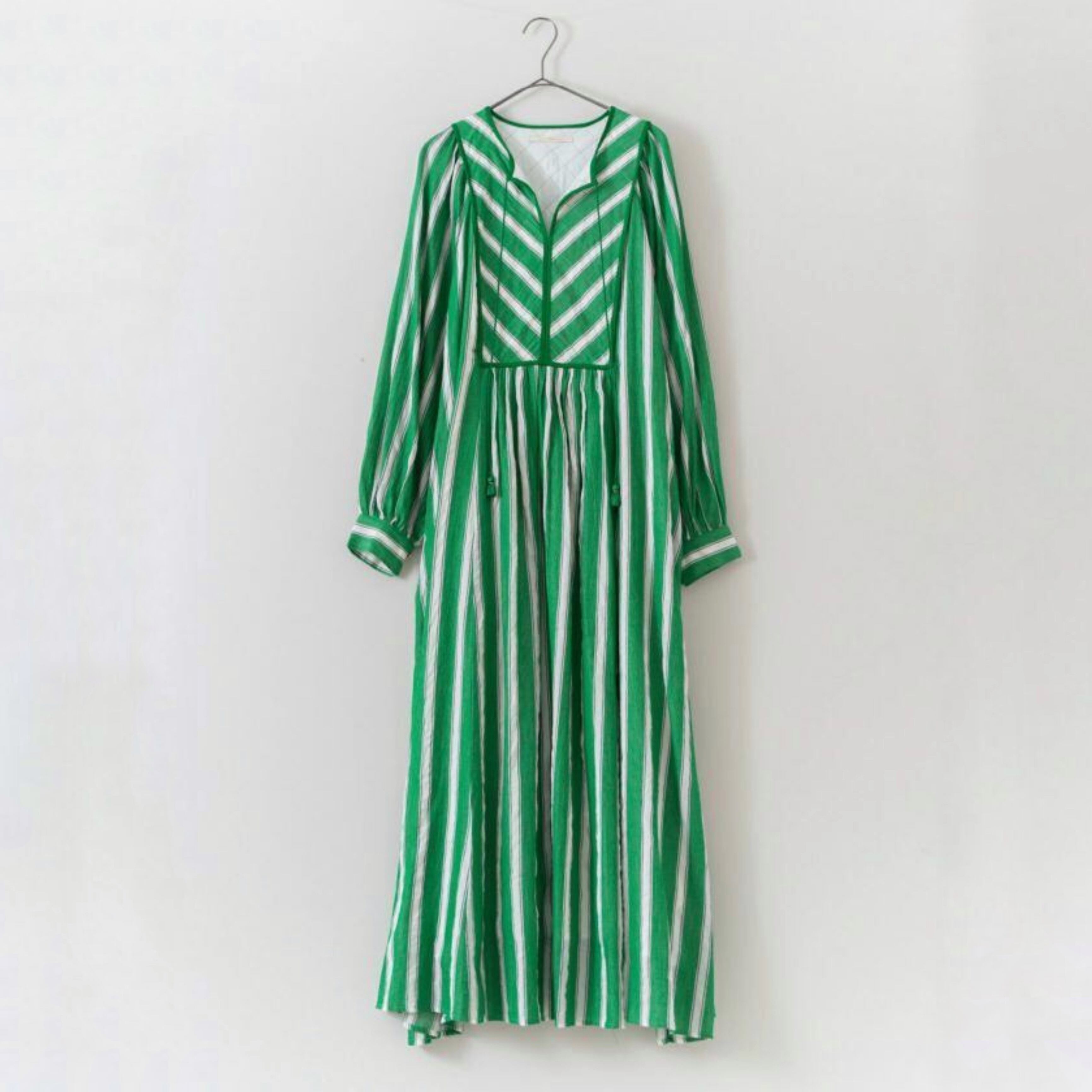 ne Quittez pas / Cotton Voile Stripe Gather Dress｜Green | Zakka so-la