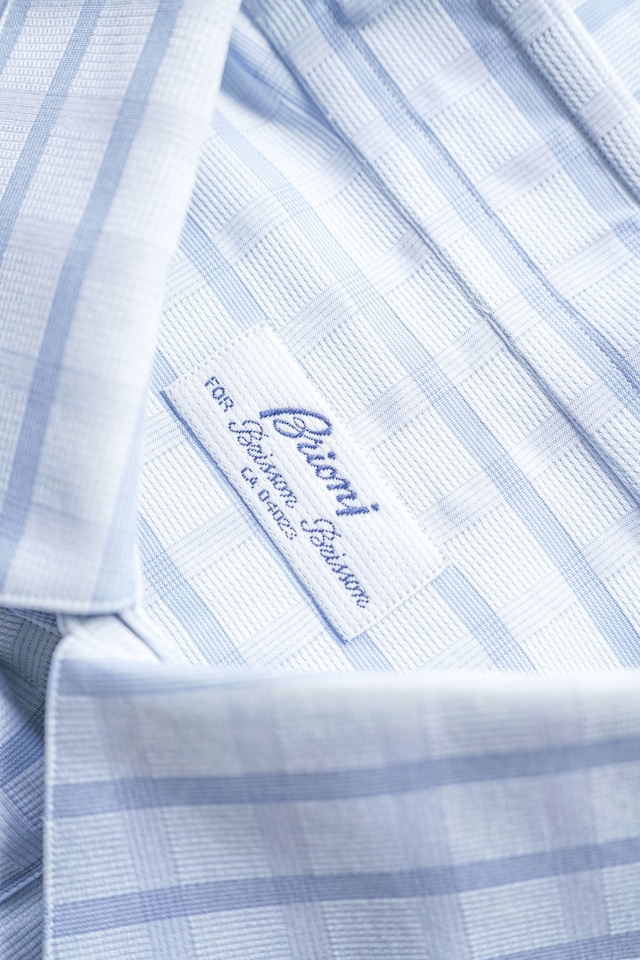 00's~ "Brioni" Light-Blue Textured Jacquard Check Pattern Cotton Dress Shirt Made in ITALY