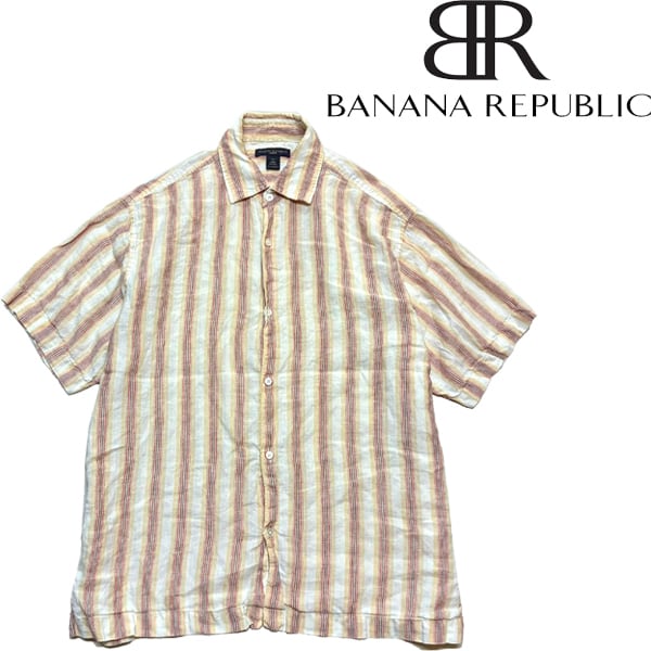90s BANANA REPUBLIC バナリパ リネン 半袖シャツ 麻 1点物◇GAP系バナリパ半袖ストライプ柄100%リネンシャツ古着メンズXL