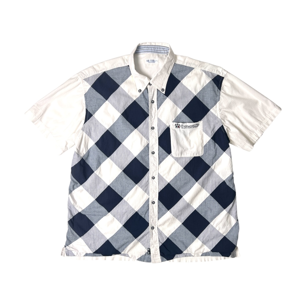 CAPRI カプリ チェック柄切替 BD 半袖シャツ 52/ホワイト ネイビー/シアサッカー /大きいサイズ