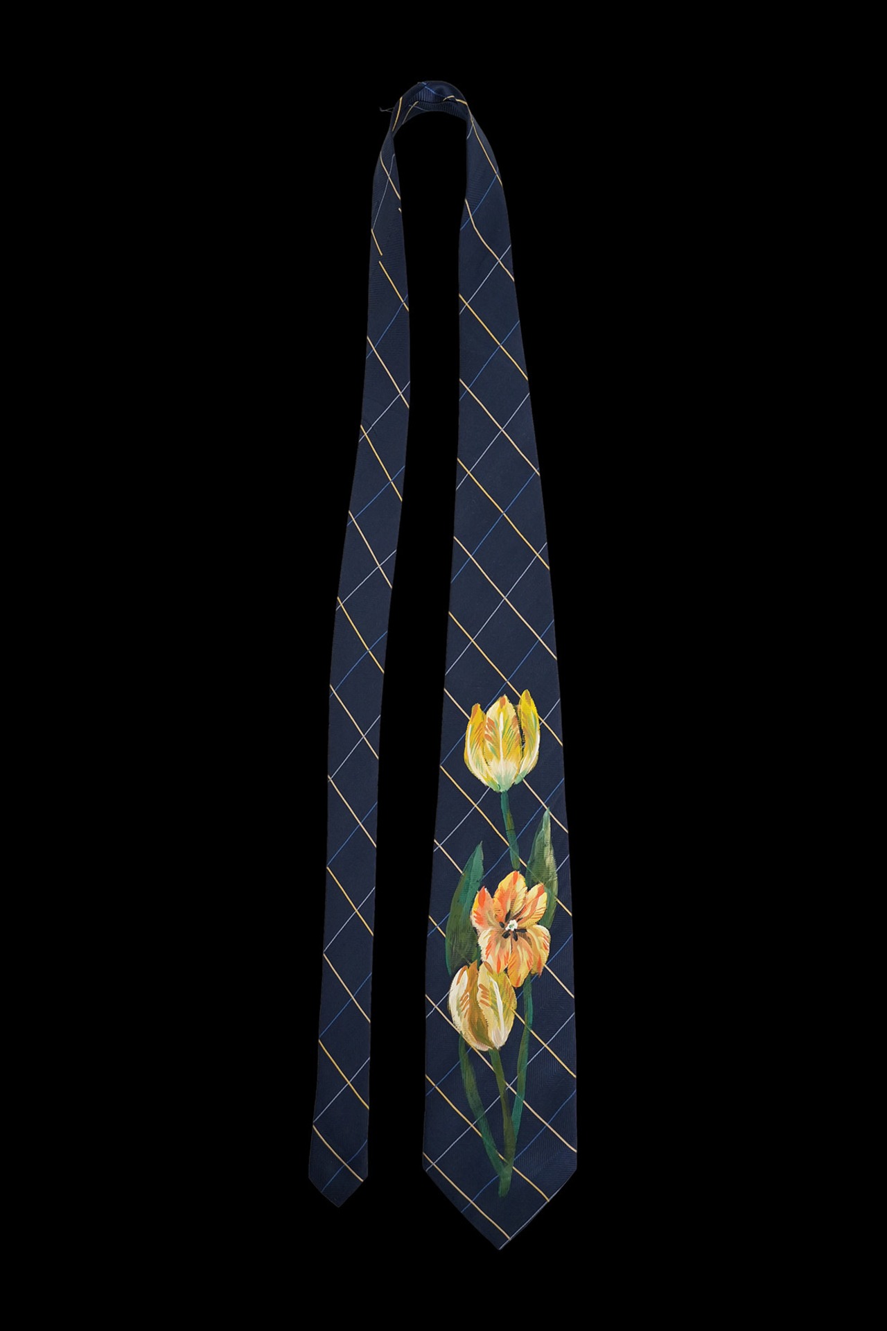 hand painted tie navy yellow tulip