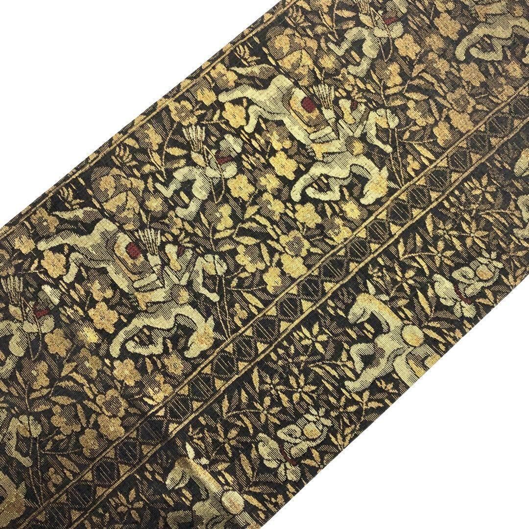 袋帯 花柄模様に弓を構える狩人 金糸 黒色 O-3518 | リユース着物わびさび 