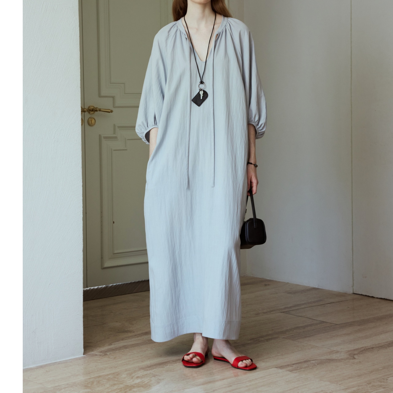 Gather Neck Long Sleeve Maxi Dress T3694