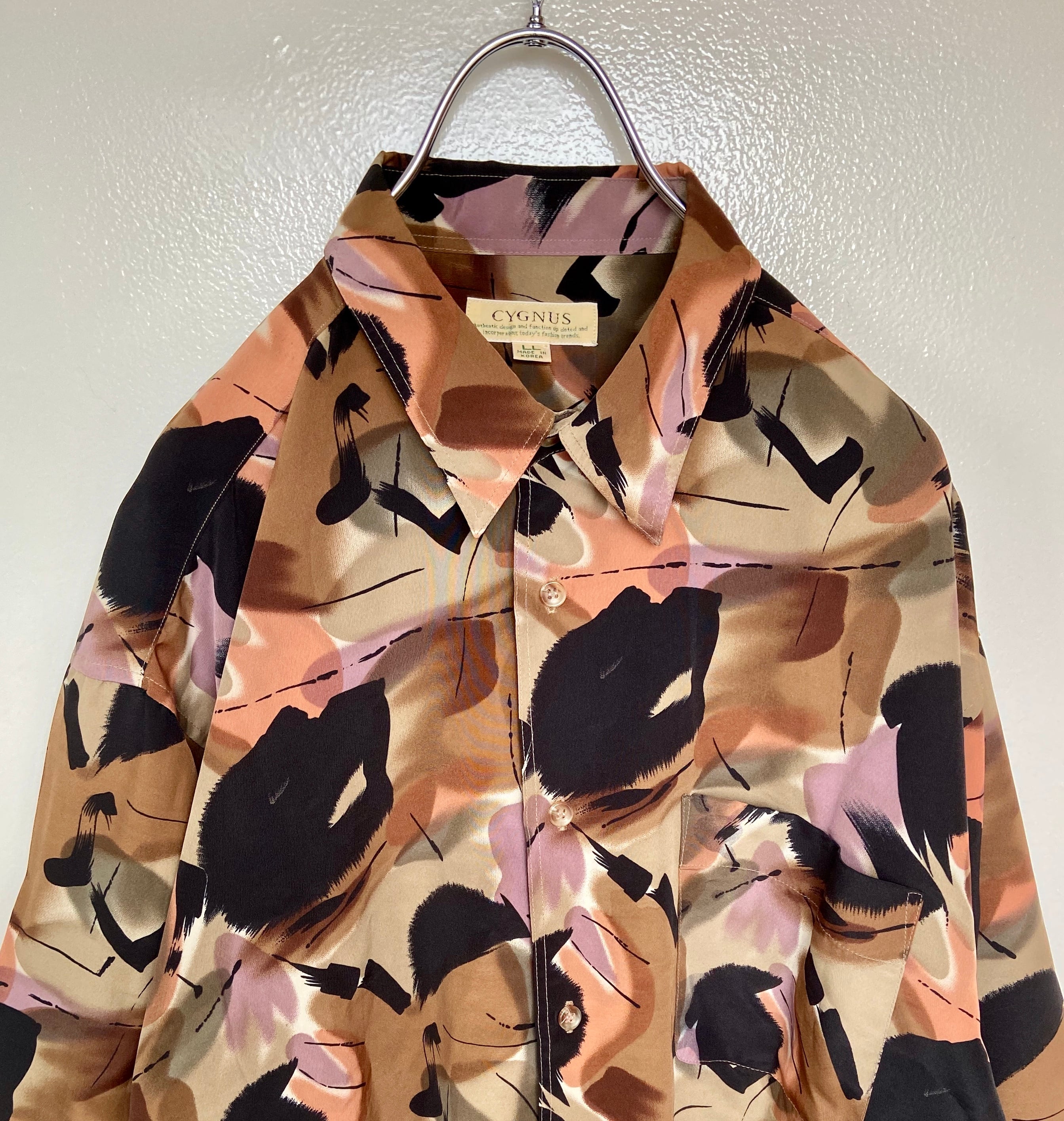 古着 バブル 総柄 ポリシャツ LL アースカラー