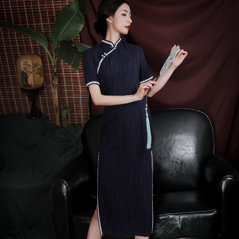 チャイナドレス ワンピース チャイナ風服 中華服 スタンドネック 半袖 ロング丈 エレガント 着痩せ 上品 大きいサイズ S M L Ll 3l 4l 普段着 パーティー 女子会 ネイビー Elegant