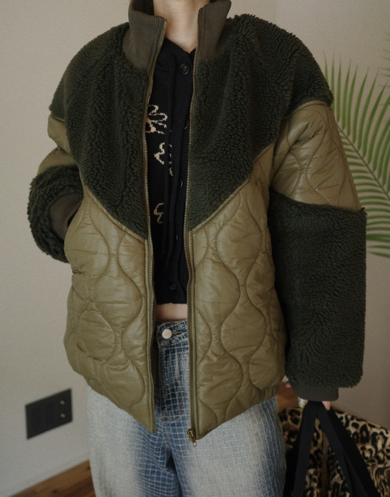 ボアキルティングジャケット/カーキ