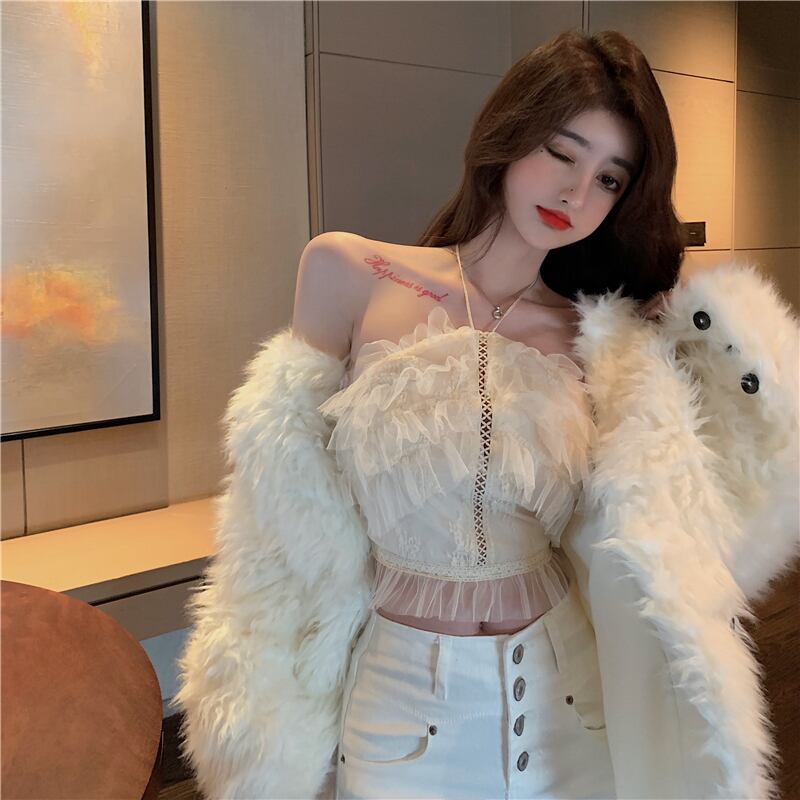 オータムウィンターショートスタイルレースホルターシャツ トップス 秋物 冬物 ブラックストロベリース98915032060