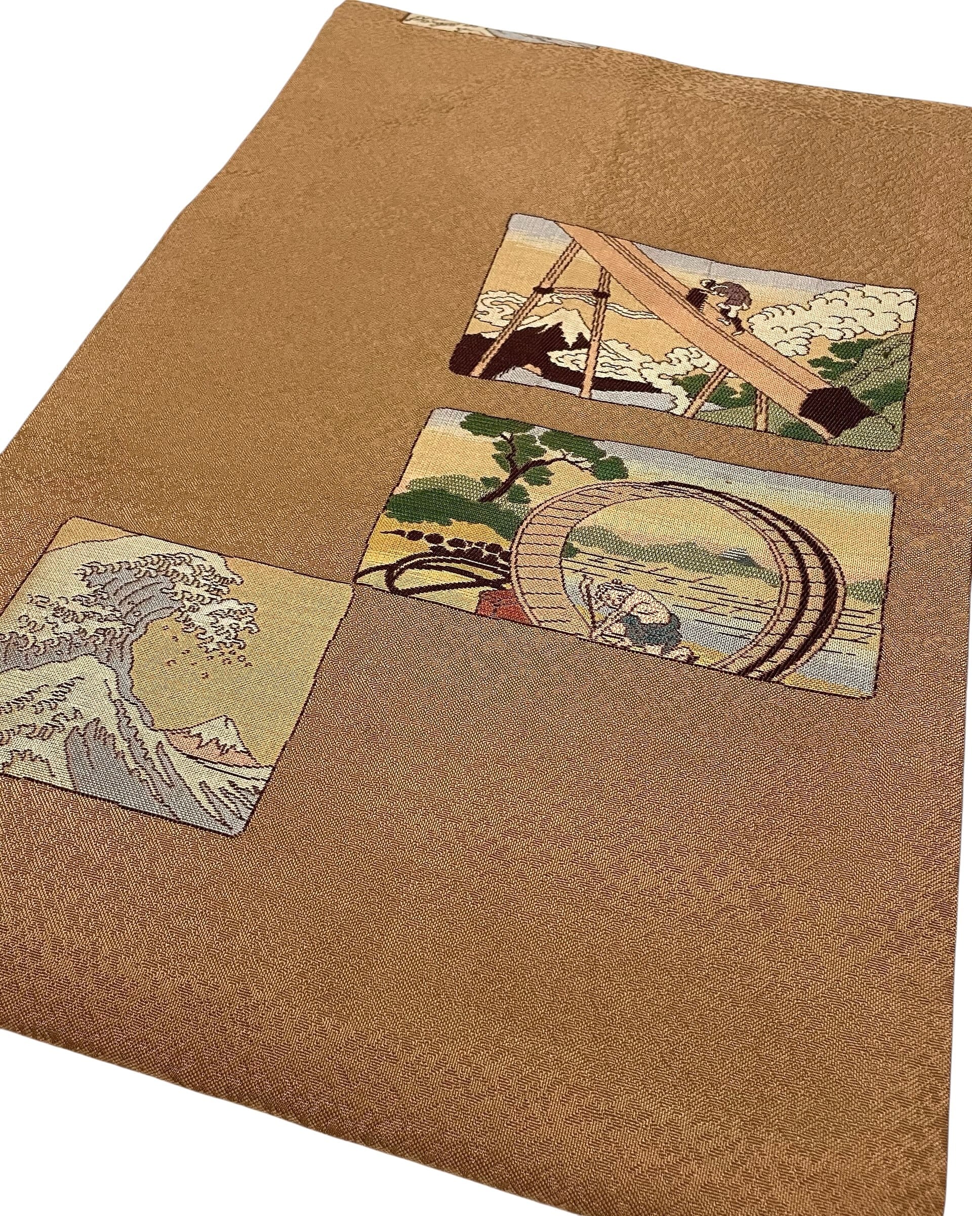 日本画 額と帯地　古布 色紙に富嶽三十六景模様織り出し名古屋帯 | cocoa