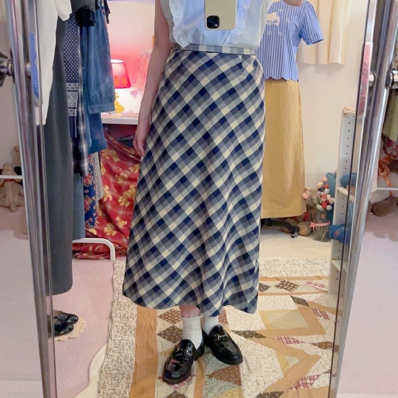 blue ivory check long skirt