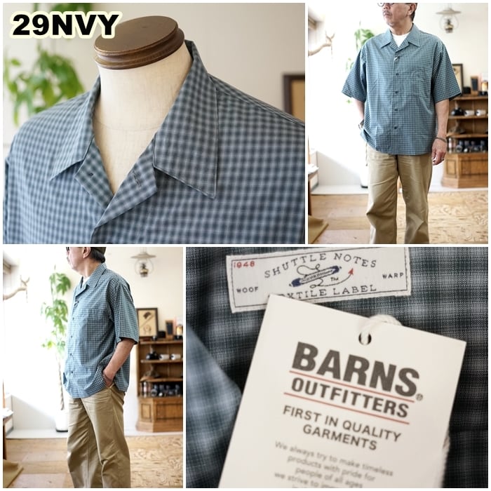 BARNS バーンズアウトフィッターズ 半袖オープンカラーチェックシャツ