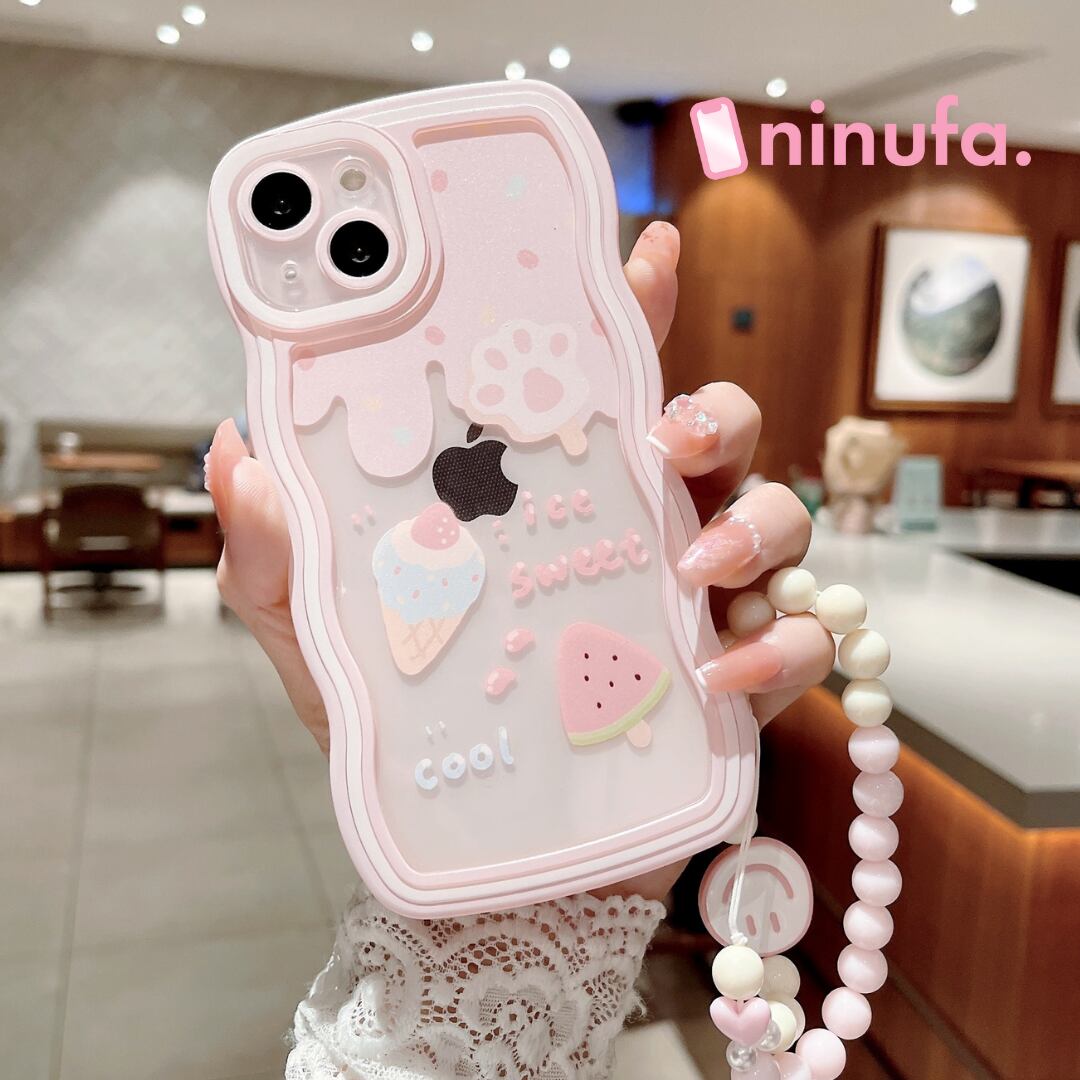 【再販】夏を楽しんじゃお◎アイスクリームみたい iPhone14 シリーズ対応 スイカ アイス にくきゅう ピンク かわいい ウェーブ スマホケース ND-14947