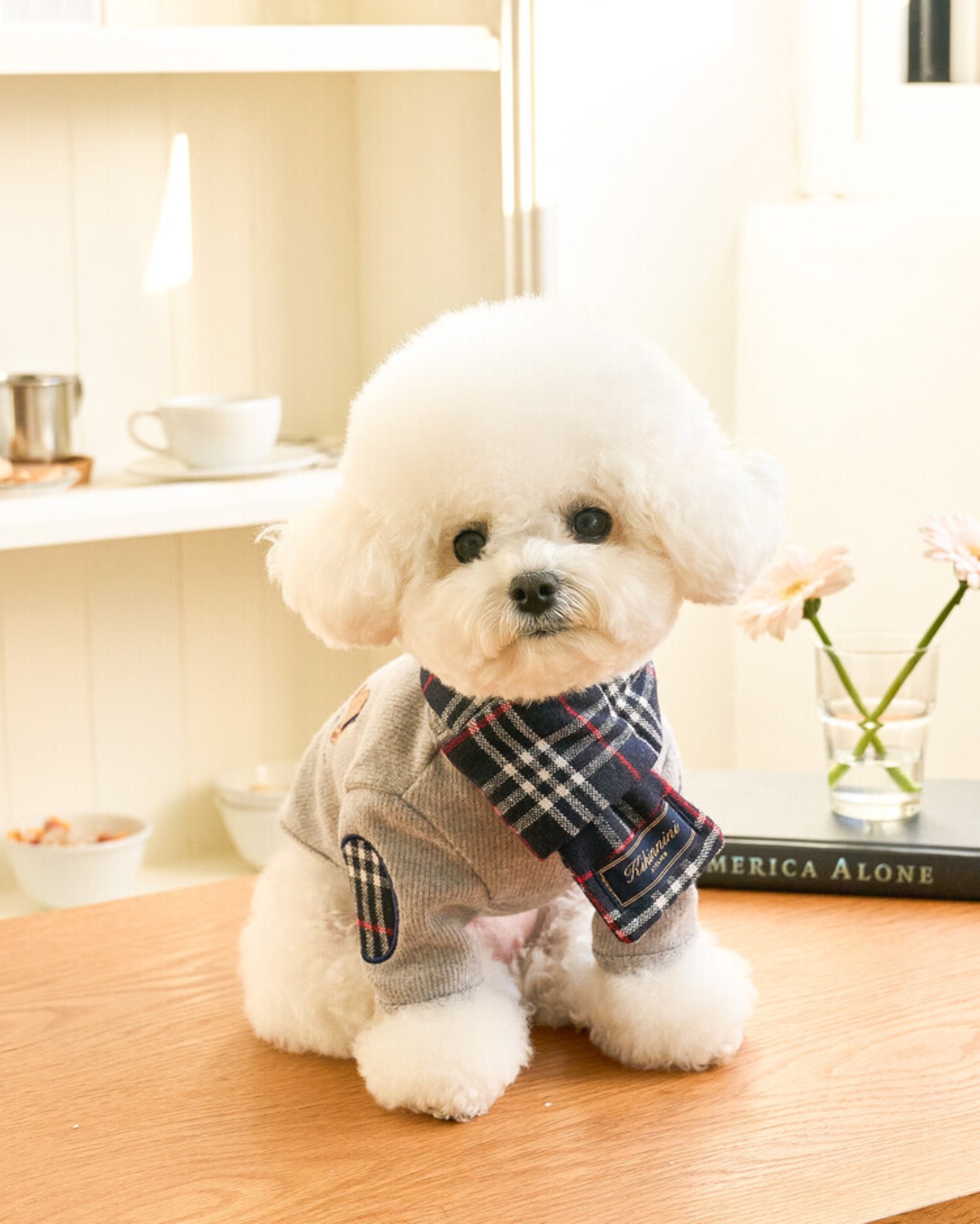 予約  【kiki&nini】Brownie Classic Check Poncho(ネイビー)+Classic Check Knit(グレー)set