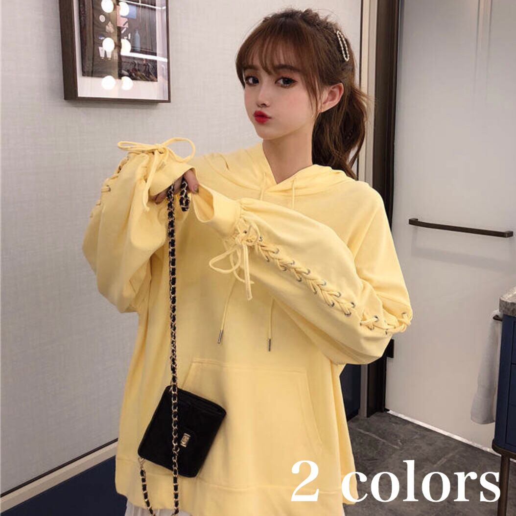 袖 レースアップ パステル パーカー プルオーバー レディース 春 秋 服 長袖 オルチャン ファッション 可愛い Tp 0365 Happy Orurea ハッピーオルレア