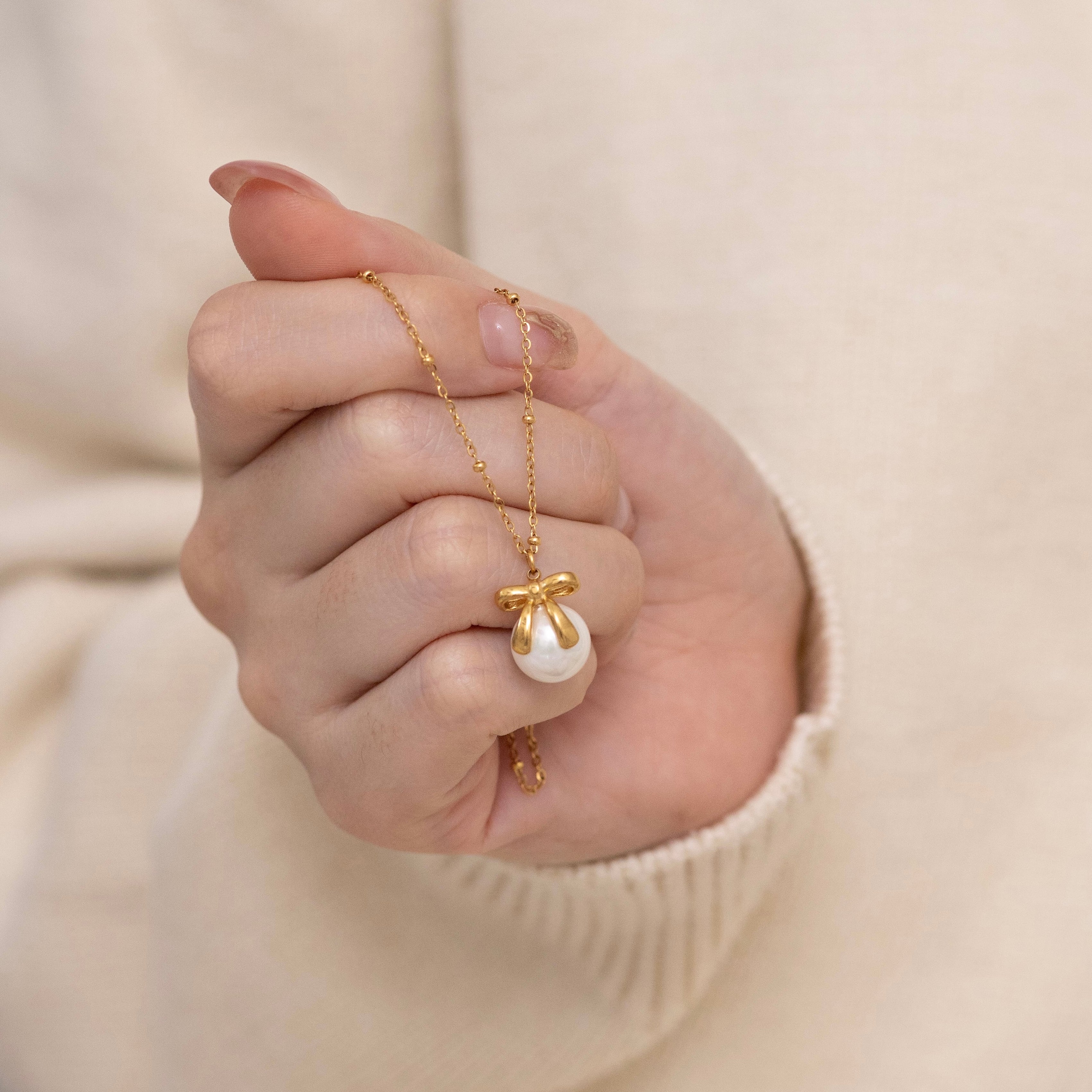 316L pearl&ribbon necklace #n43 | apire