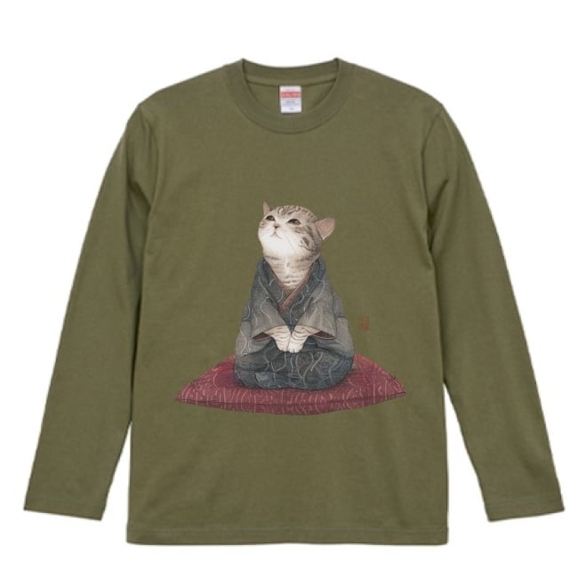 「静座の時-粋な江戸猫」  ロングTシャツ リブなし/ "Time to sit quietly - Stylish Edo cat" Long T-shirt, no ribbing