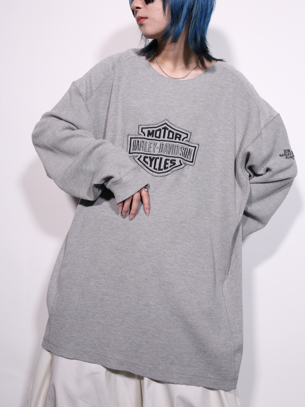 “HARLEY-DAVIDSON”  刺繍 logo waffle long sleeve gray - 2