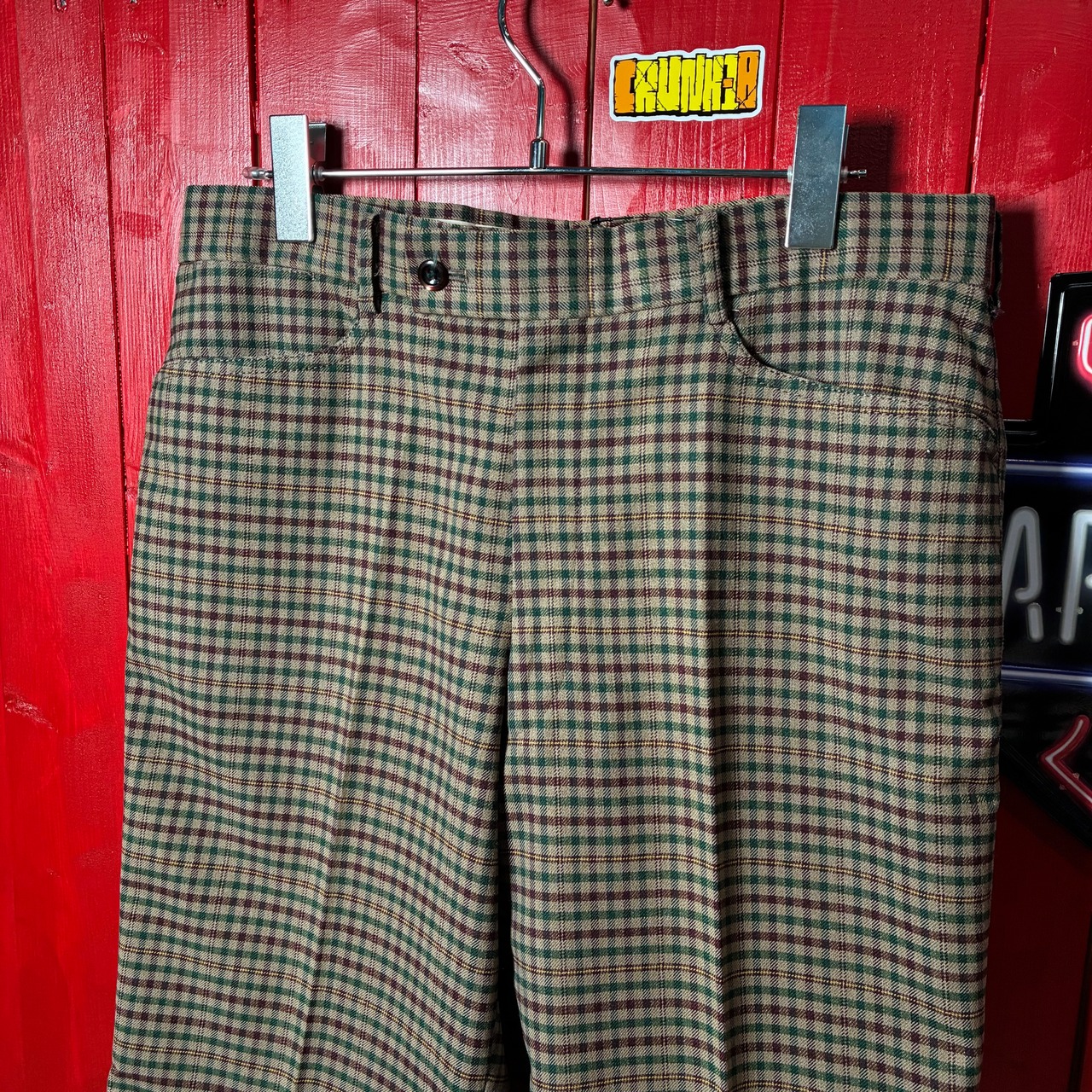 80s〜90s Vintage フレアスラックス　チェック柄　センタープレス　YKKジップ