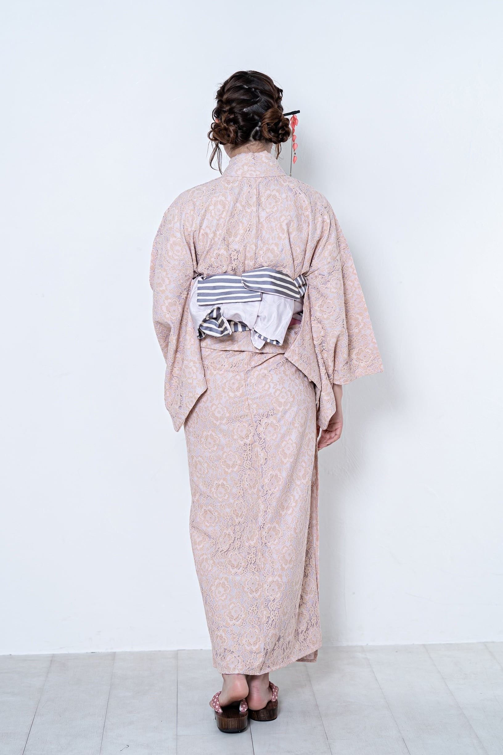 浴衣ジェンヌ 2024年 新作 浴衣ジェンヌ 浴衣3点セット 高級 総レース浴衣 オレンジ