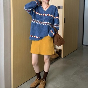 color block v-neck knit　J00259