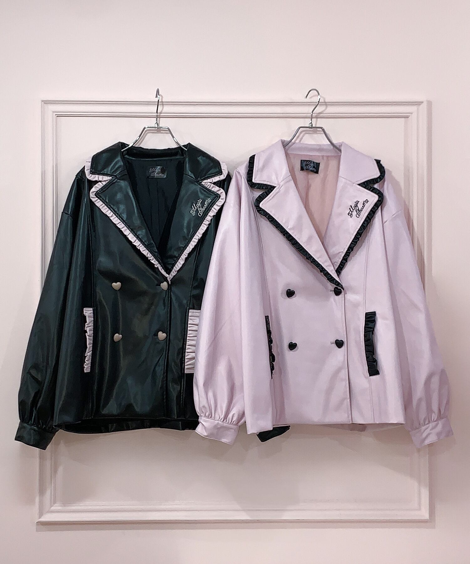 Magia Charm 配色フリルレザージャケット セール】配色フリルフェイクレザージャケット / オーバーサイズ