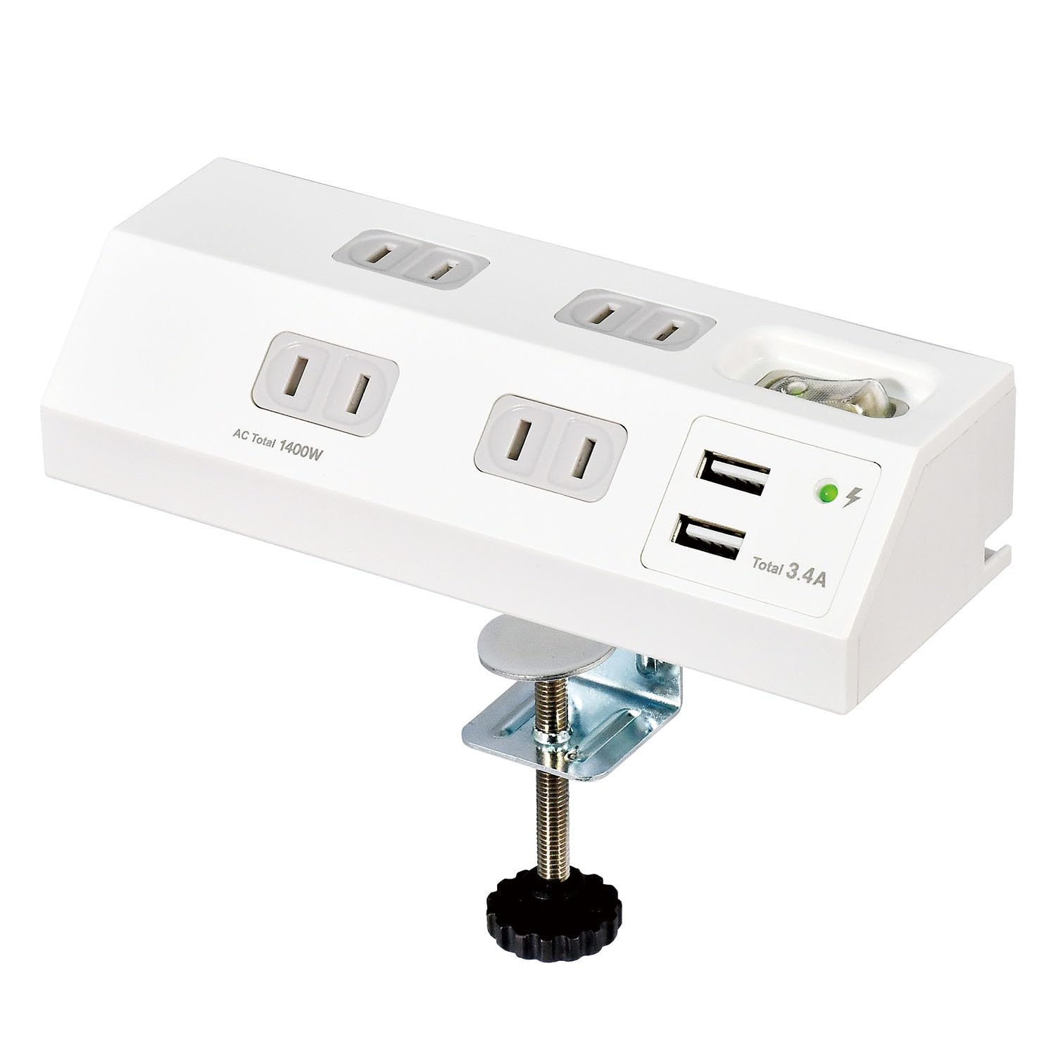 エルパ(ELPA) デスクUSBタップ クランプ固定 コンセント 4口 USB 2口 2.4A 集中スイッチ 雷ガード 電源タップ 延長コード 2m ホワイト WLS-DS4232SUA(W)