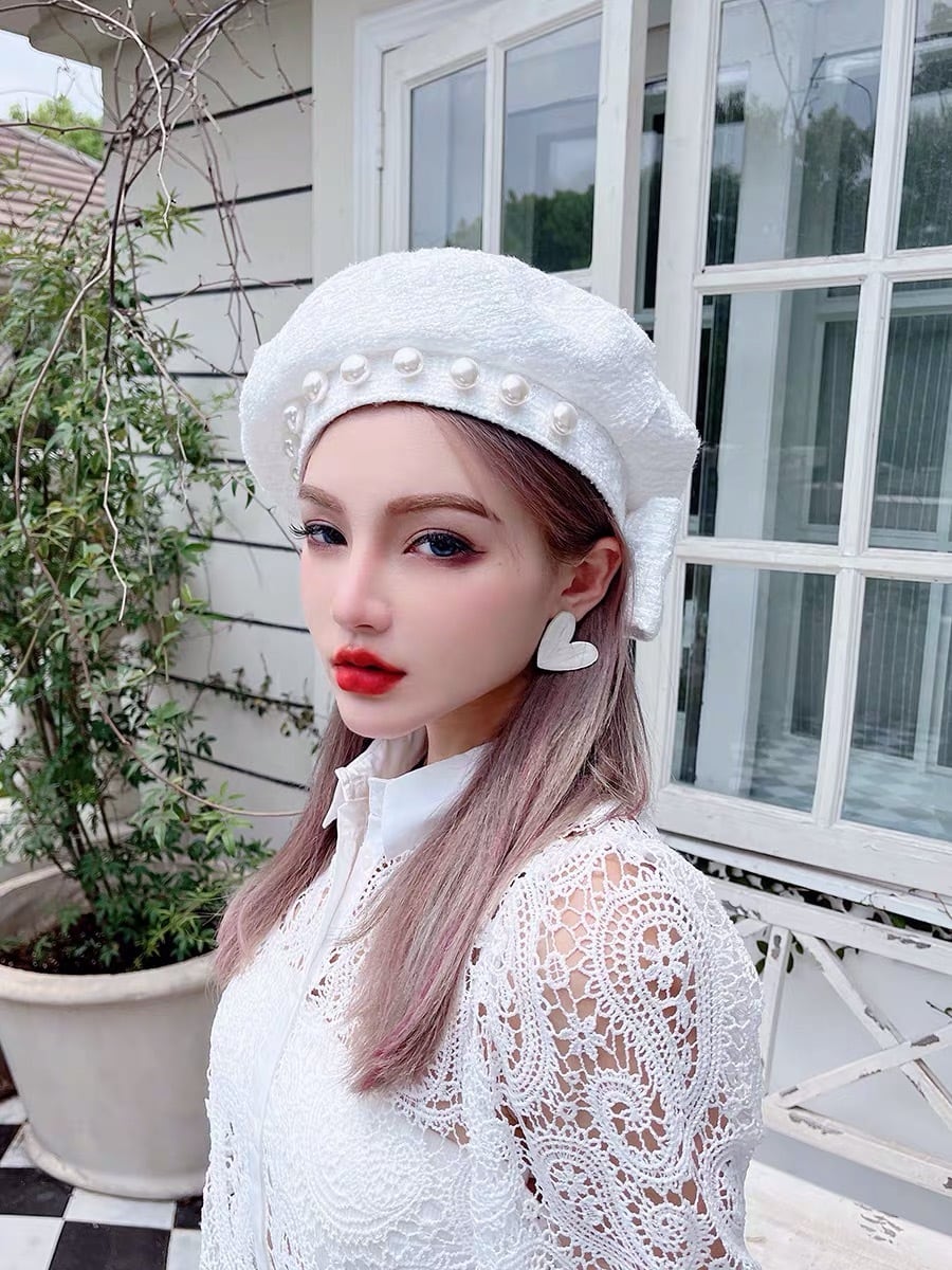 白 パール ビジュー ベレー帽 キャスケット ストライプ リボン 帽子 白