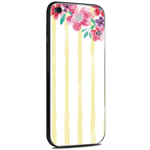 Jenny Desse iPhone 7 / iPhone 8 ケース カバー 背面強化ガラスケース  背面ガラスフィルム シリコンハイブリッドケース 対応 sim free 対応 花とストライプ（黄色）