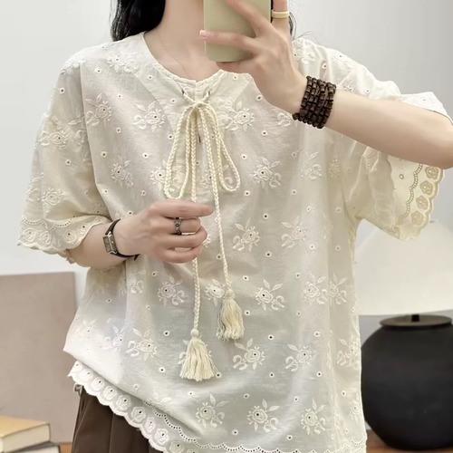4色/フラワー刺繍タッセルリボンブラウス ・11941