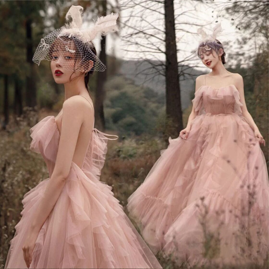 高品質！カラードレス ピンク キャミソール 柔らかく重ねたチュール  