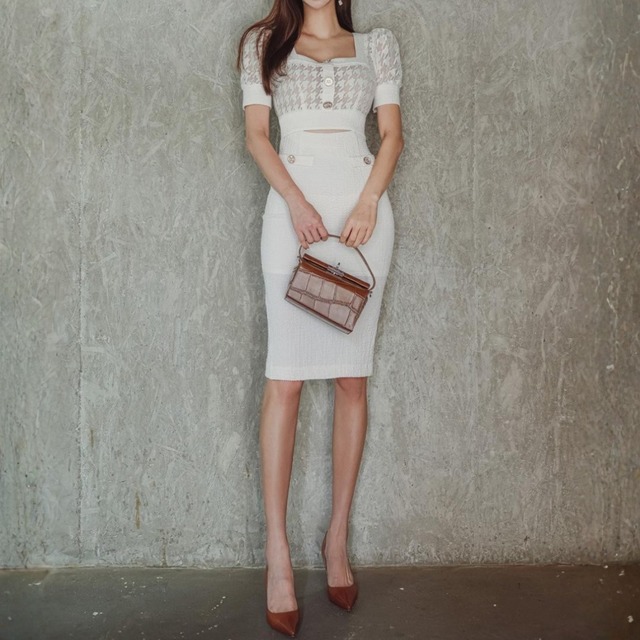 Square collar elegant houndstooth stitch slim dress