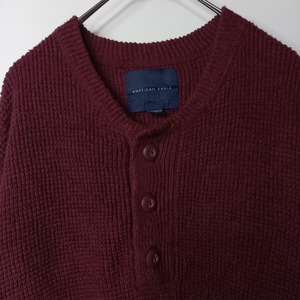 アメリカンイーグル　ヘンリーネック　コットンニット　セーター　無地　ワッフル　サーマル　厚手　ワインレッド　US XXL